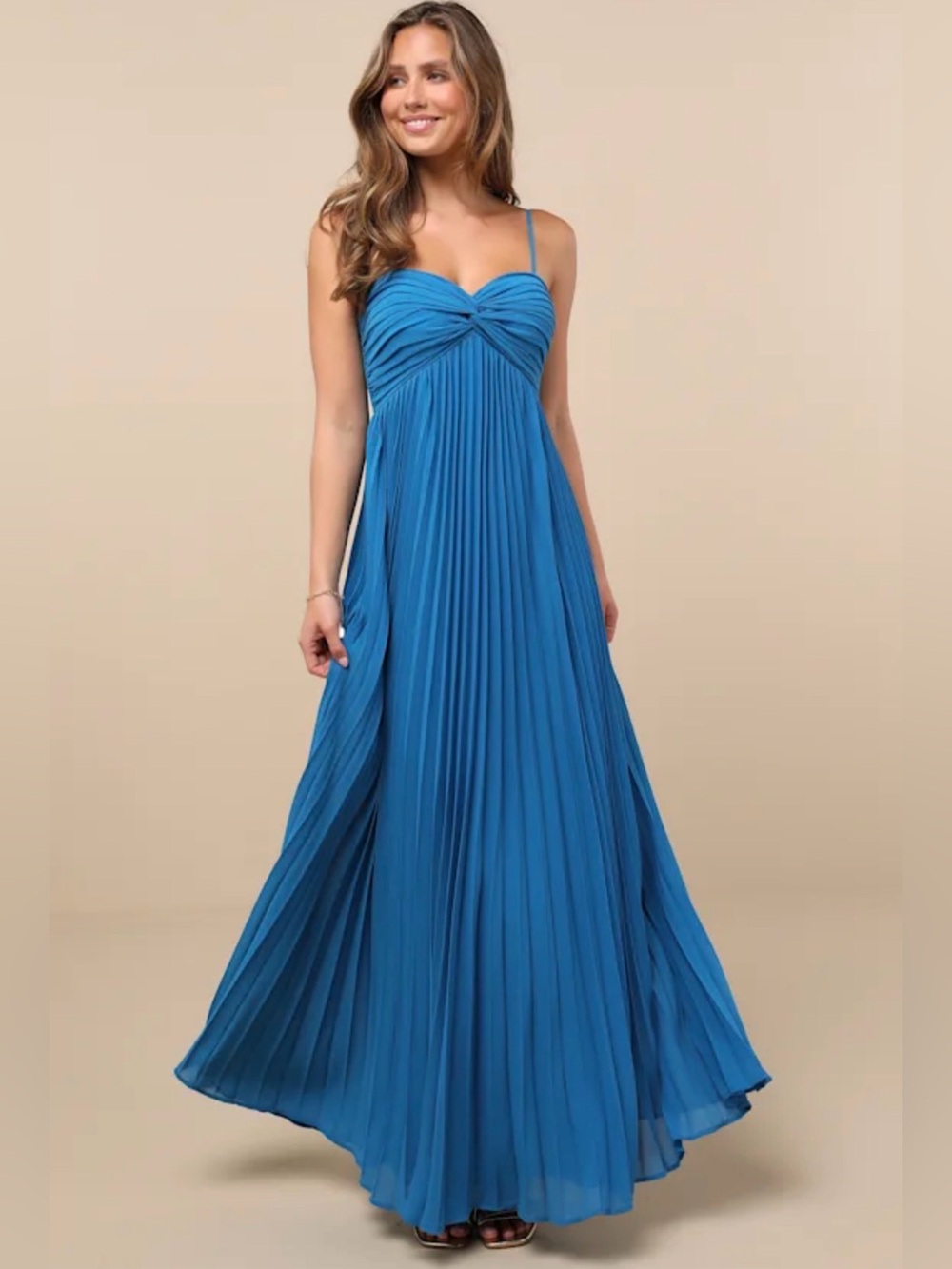 Lulu's JOLETTE Blue Pleated Maxi Dress with Twisted Knot Bodice Small